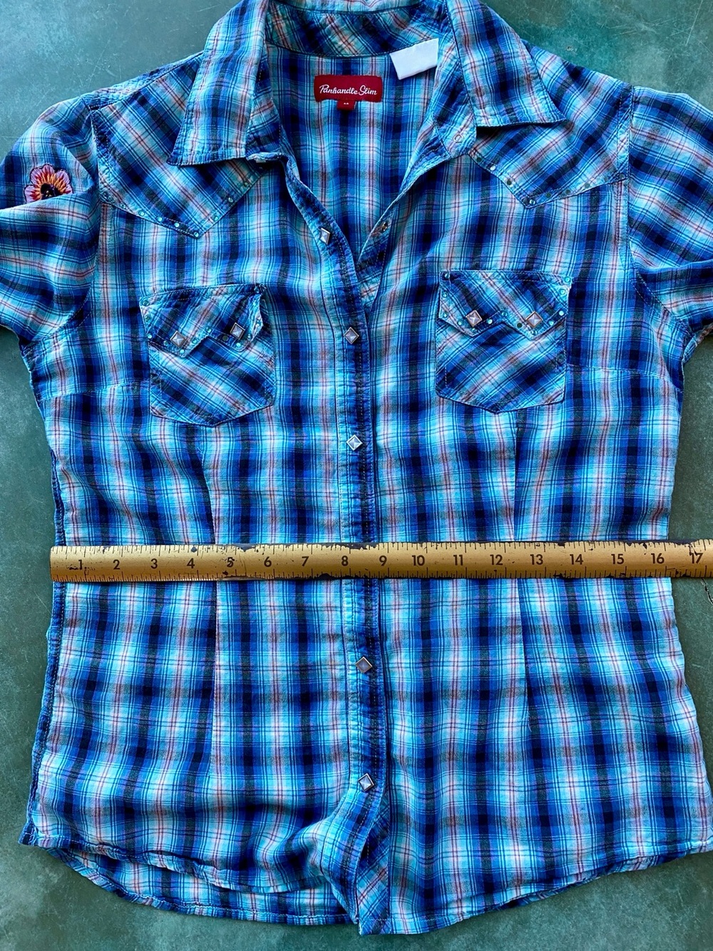 Panhandle Slim Blue Plaid Short-Sleeve Snap-Down Shirt - Picture 7 of 12